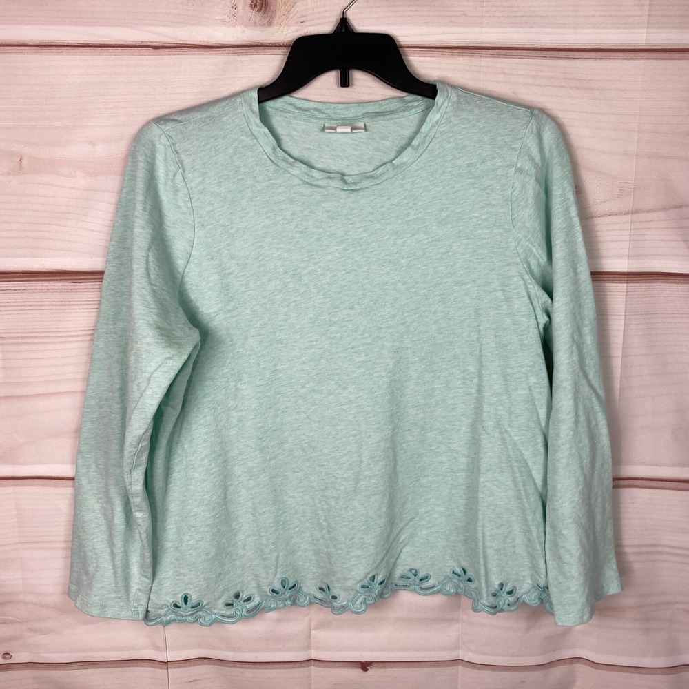 J Jill Top Womens XL Green Terry Knit T-Shirt Long Sleeve Crew Neck Crochet Hem